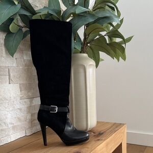 Black Knee-High Suede and Leather Women's Boots